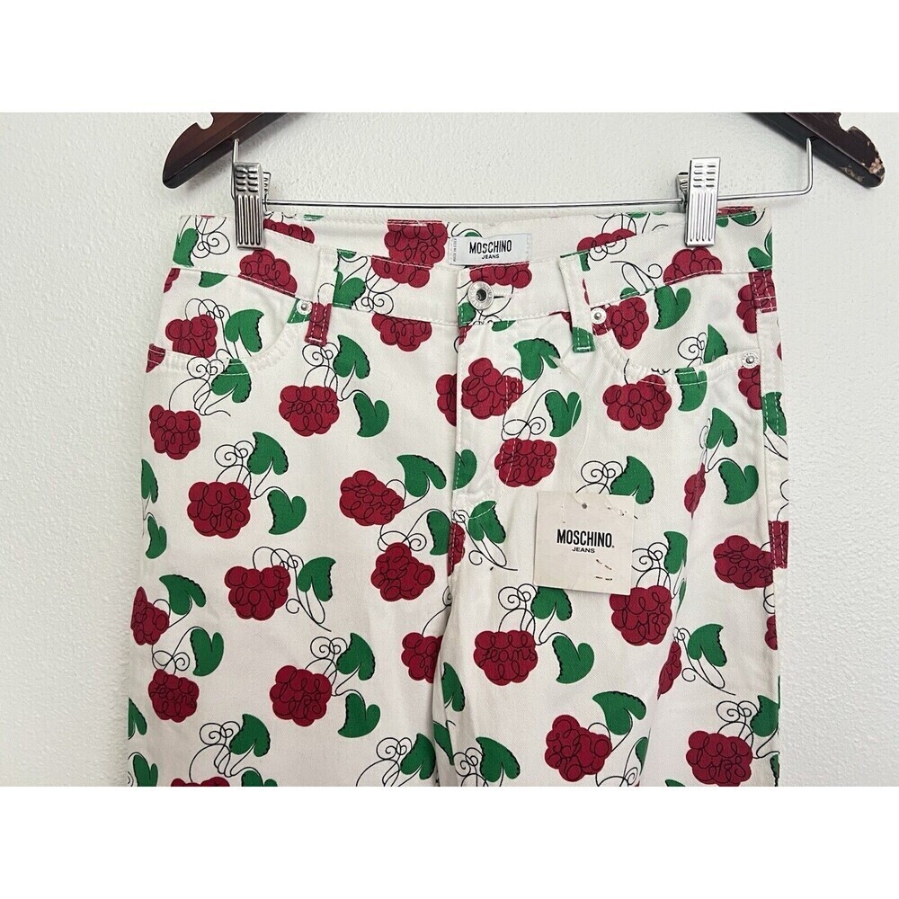 VTG 90s MOSCHINO White Flare Jeans Raspberry Leaf Print Red Green Y2K Cottage 26 - Picture 2 of 8